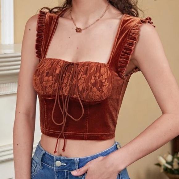 Cider Tops - Cider Lace Trim Rust Crop Top